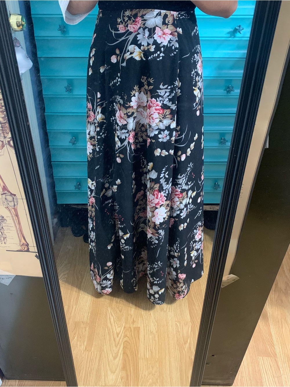 SHEIN Black Maxi Skirt with Pink & Cream Floral Print